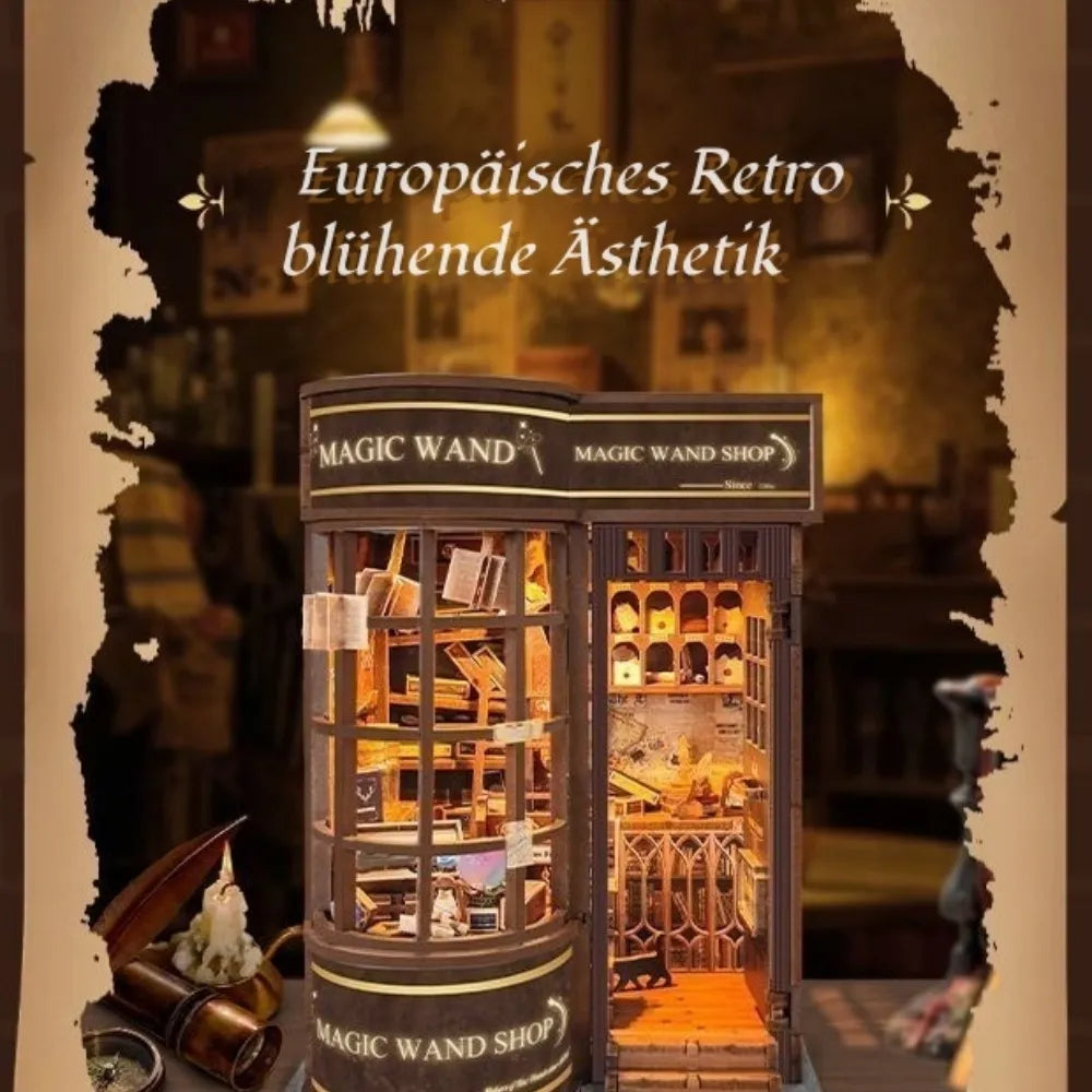 Miniature book nook shop display with tall glass shelf and open door, tiny books