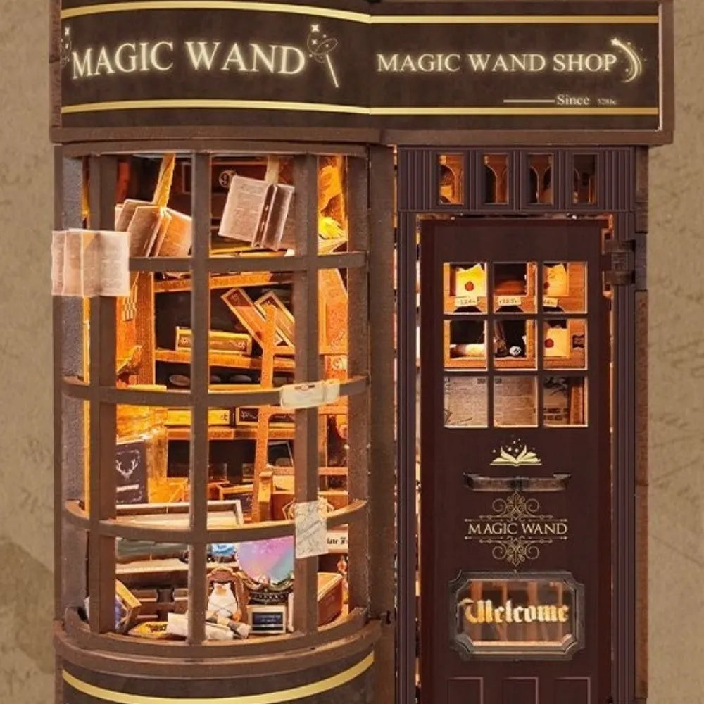 Miniature book nook shop facade with shelves, booklet display, and door opening