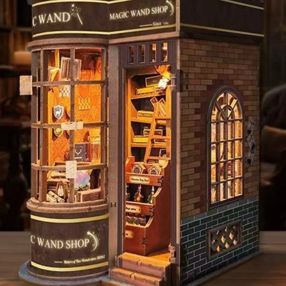 Miniature book nook shop bookshelf insert with rotating glass-style display and tiny books