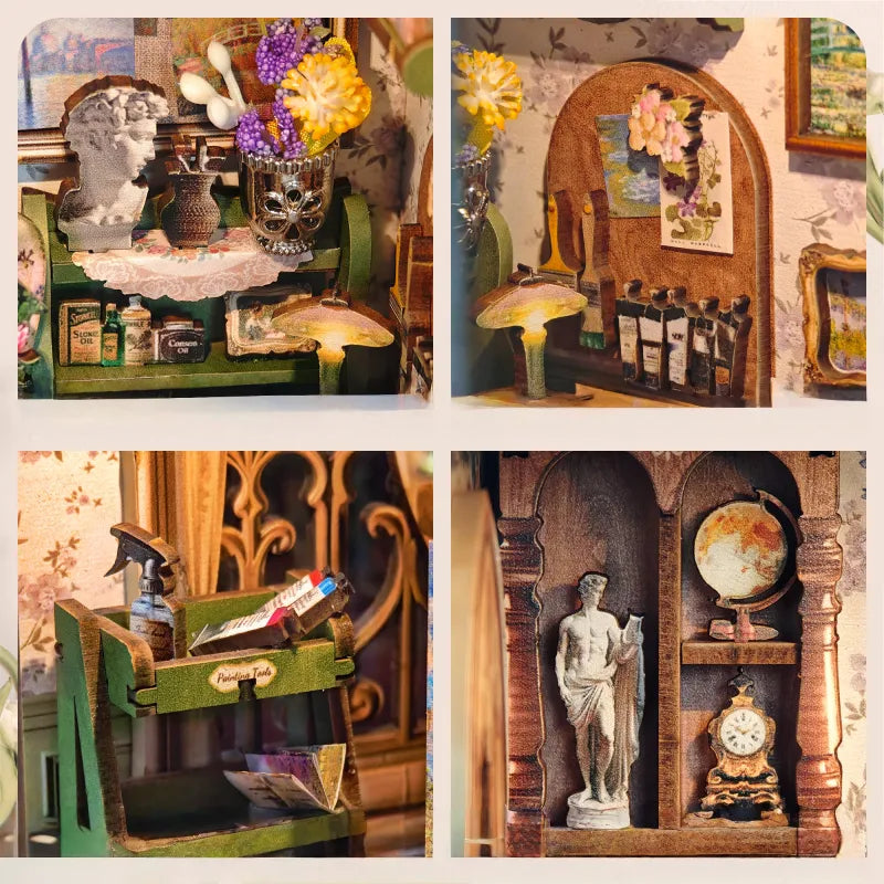 Miniature bookshelf insert with tiny books, ornaments, framed art and clock display