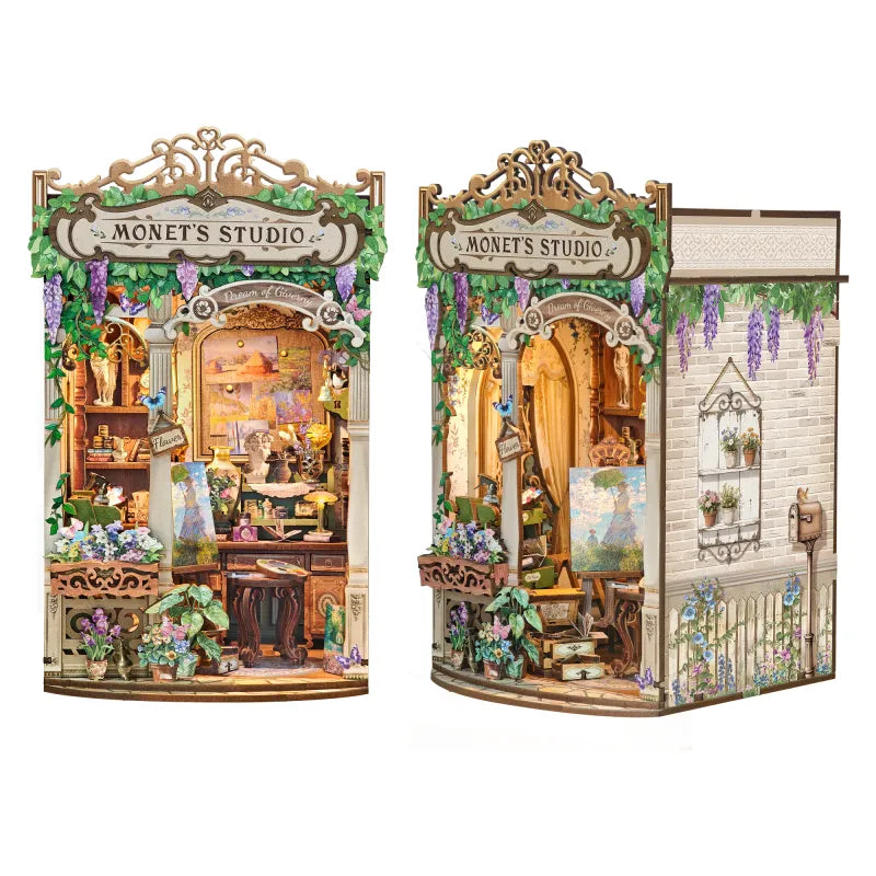 Miniature book nook insert showing two views of Monet's Studio interior shelves and facade