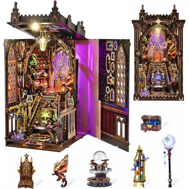 Miniature book nook kit with opened ornate cabinet shelves and zodiac-themed ornaments