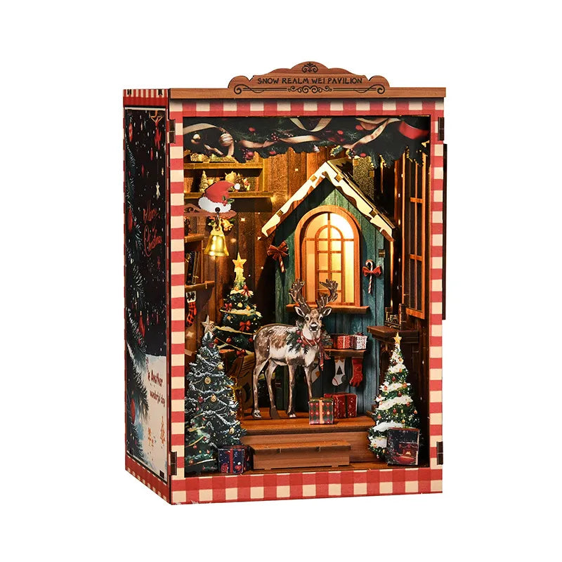 Miniature Christmas book nook diorama box with colorful red and brown room scene