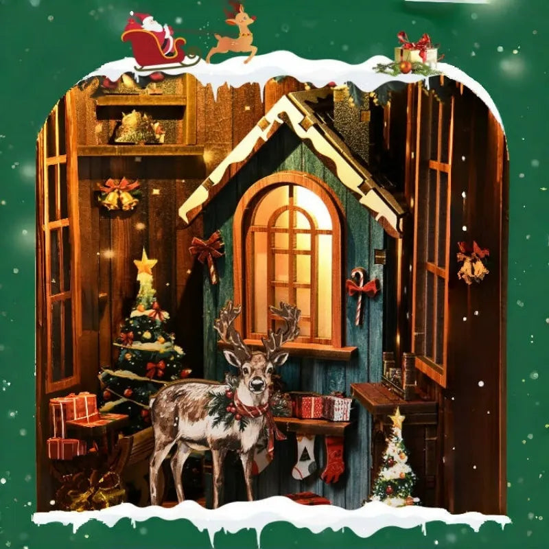 Miniature winter book nook diorama with wooden shelves, deer, and lit scene