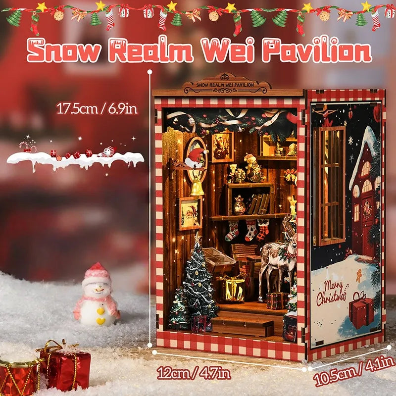 Miniature Christmas book nook kit in retail box with miniature room display