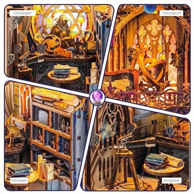 Miniature bookshelf insert kit with star map-style books and decorative trinkets
