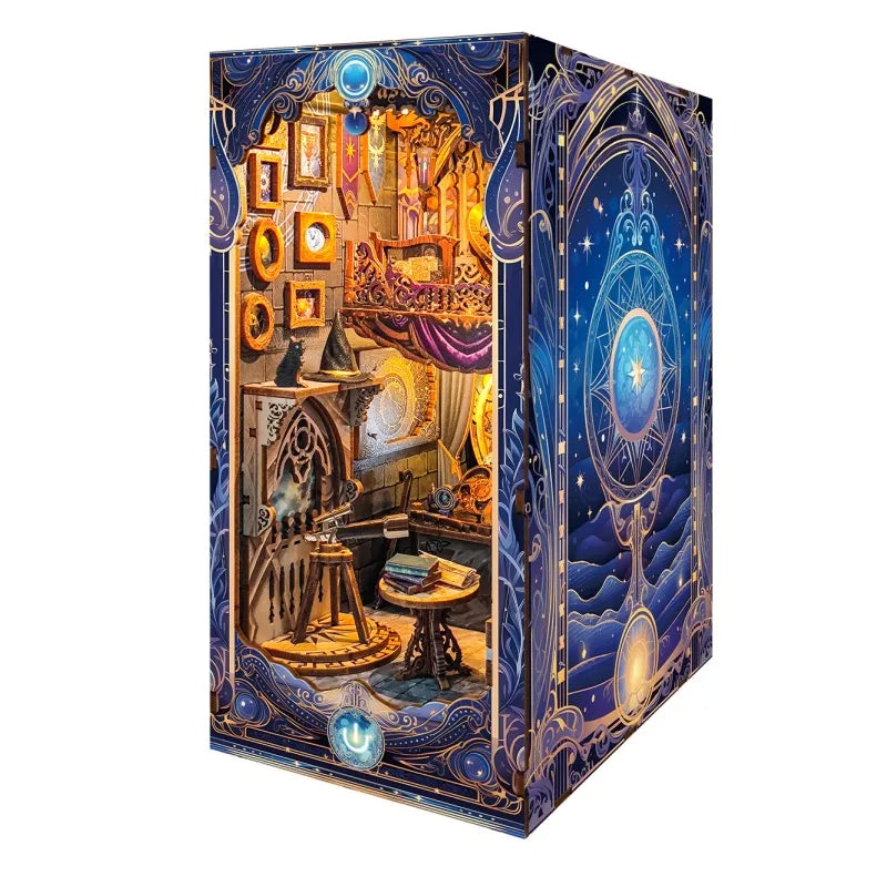 Star map miniature book nook display cube with painted night-sky bookshelf scene