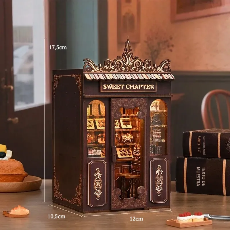 Miniature candy shop book nook kit with size markers, dark wood front and arched windows