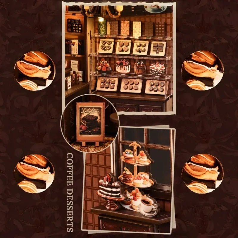 DIY book nook kit insert with open shelf interior and miniature pastries