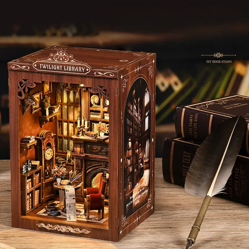 Miniature wooden library book nook insert box with window showing shelves and chair