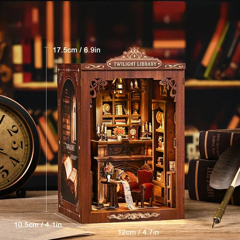 DIY miniature wooden bookshelf insert with ornate arch doorway and lit interior
