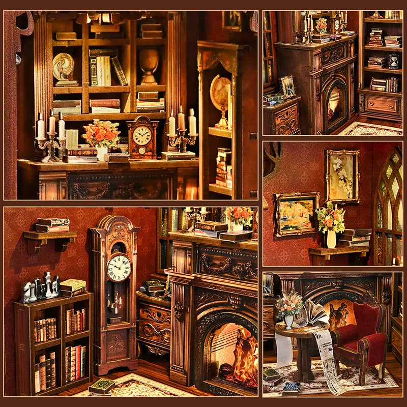 Miniature wooden library book nook insert with shelves, fireplace, candles and clock