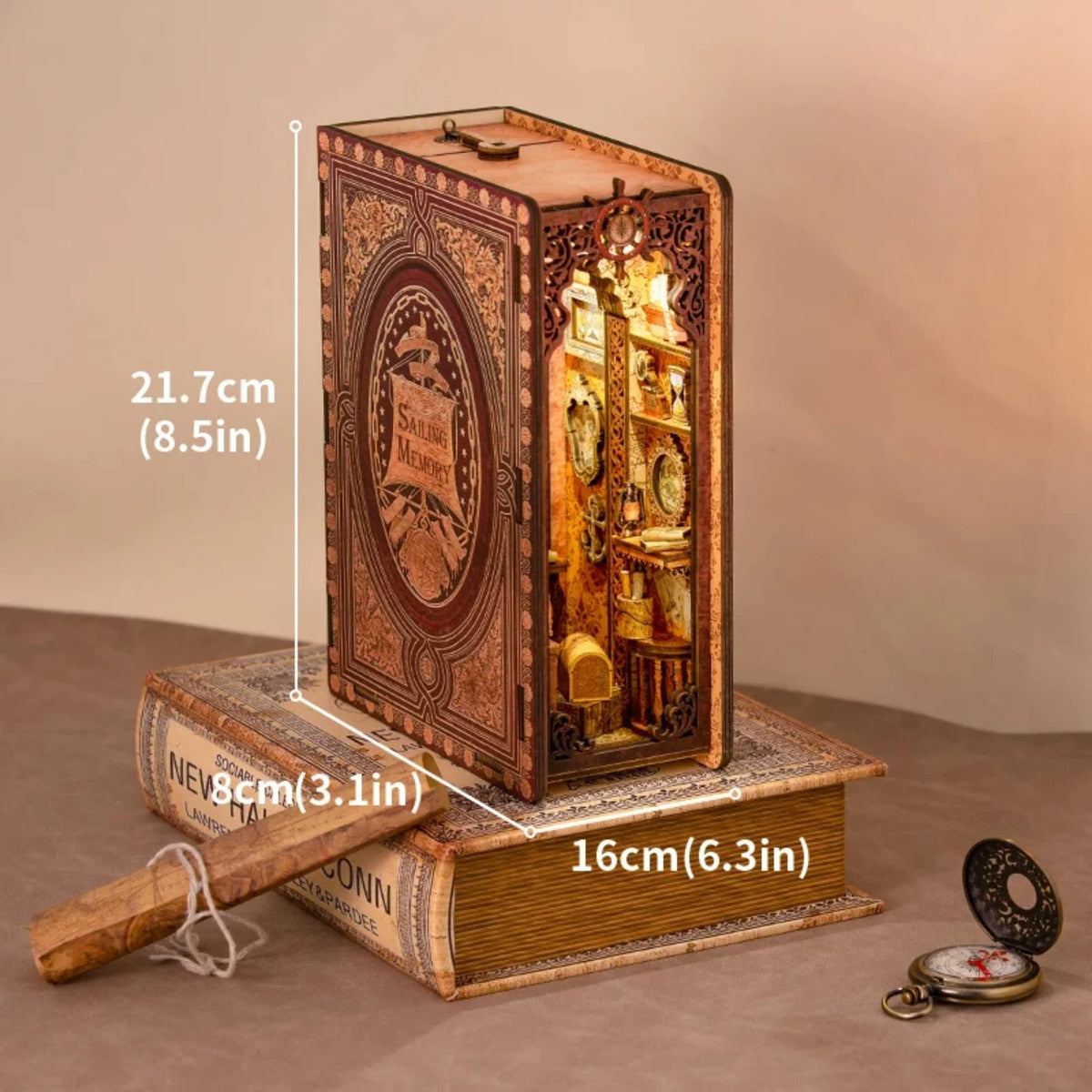 Miniature bookshelf insert kit, ornate brown display case on base; 16cm by 21.7cm