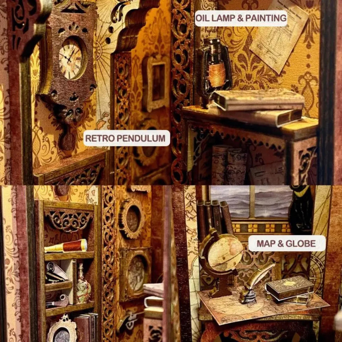 Ornate mini book nook interior with shelves, desk, oil lamp and map globe accessories