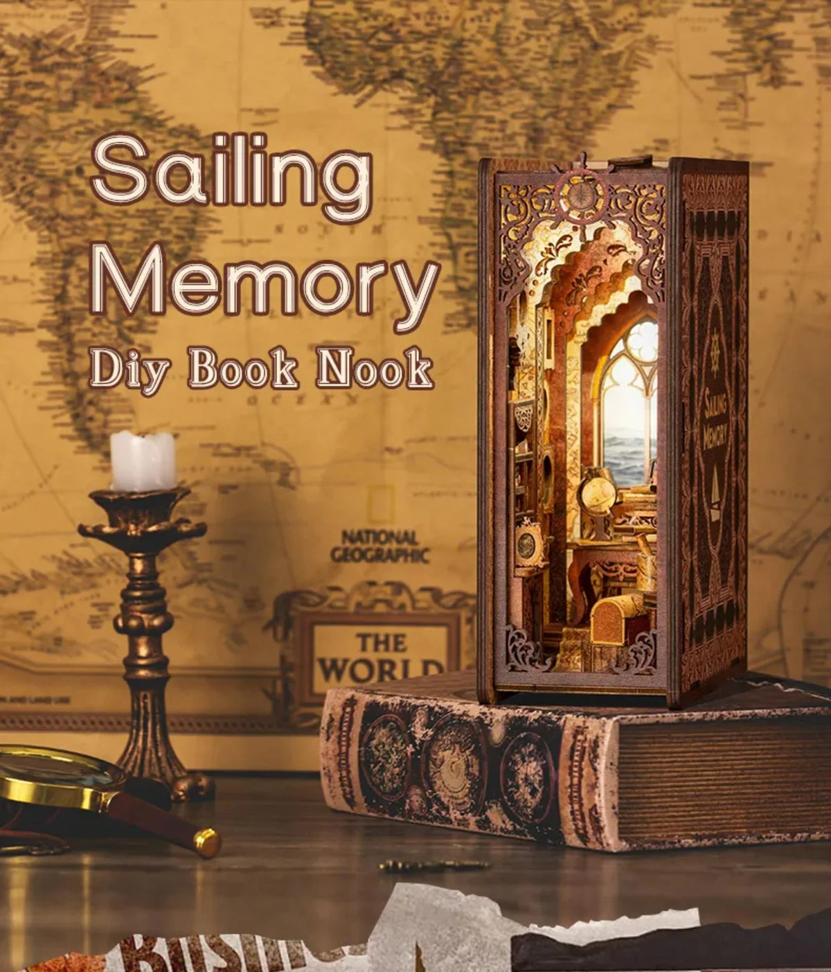 DIY miniature book nook bookshelf insert, ornate brown frame with open doorway display