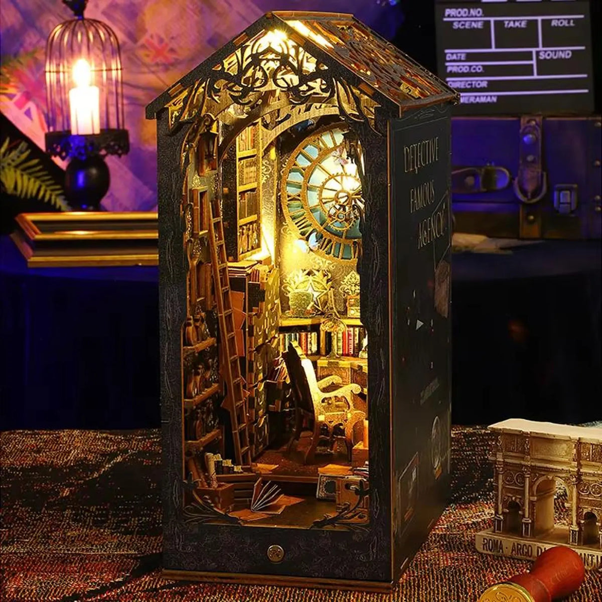 Miniature detective agency book nook insert with ornate front door and inner details