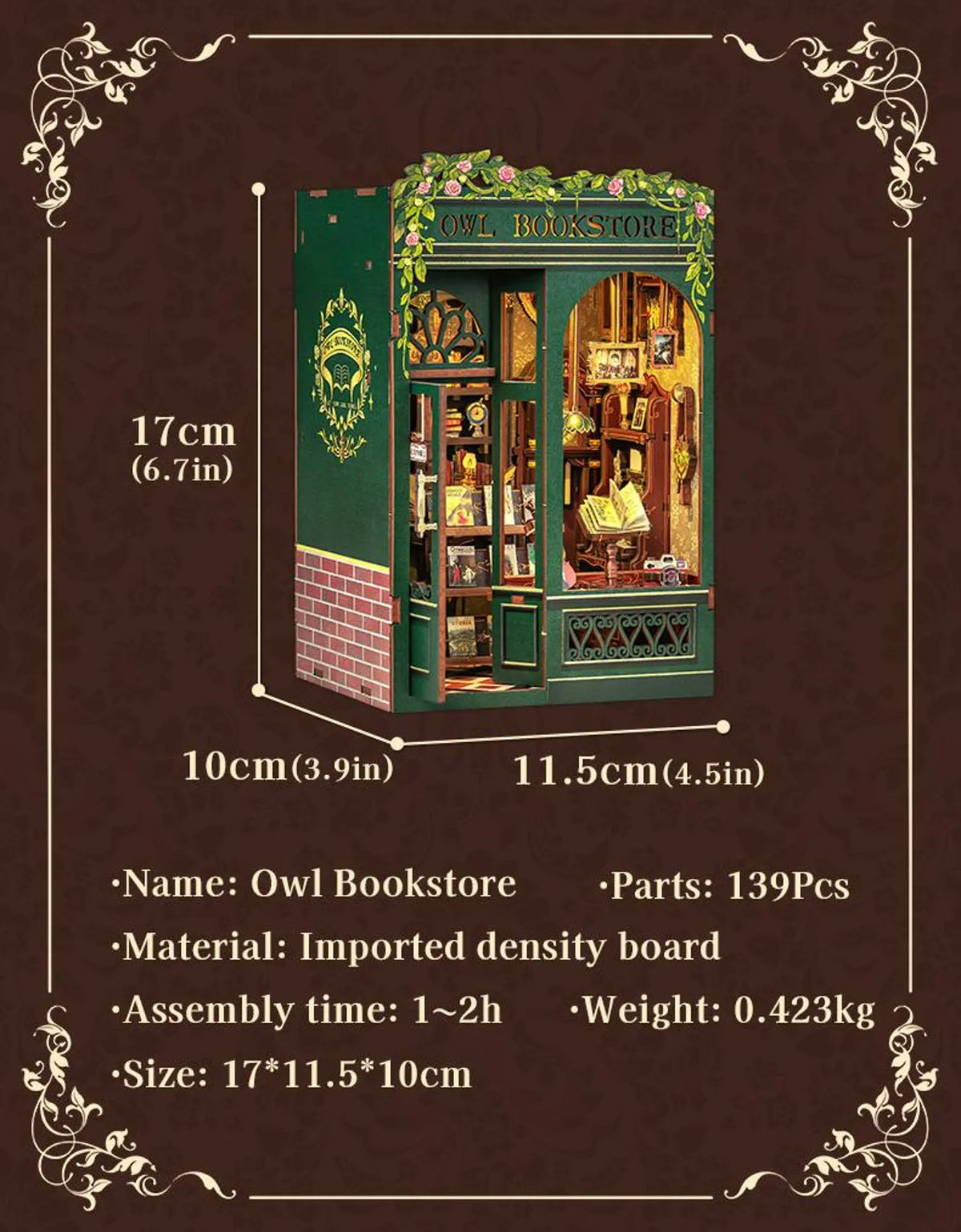 Miniature bookshelf insert kit size and parts infographic with 17cm dimensions