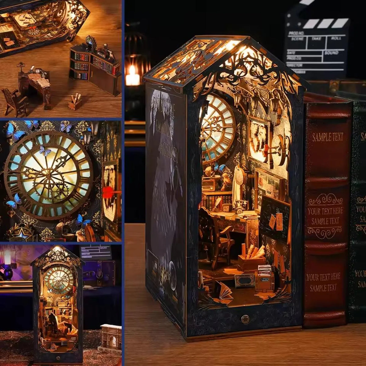 Miniature detective agency book nook insert kit, open front with warm interior display