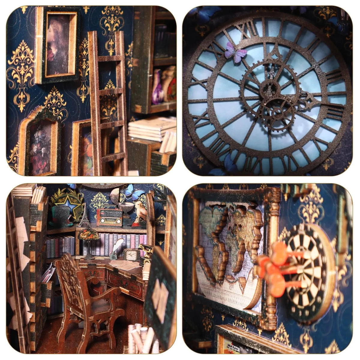 Book nook kit detail set: miniature books, gears clock face, and decor scenes