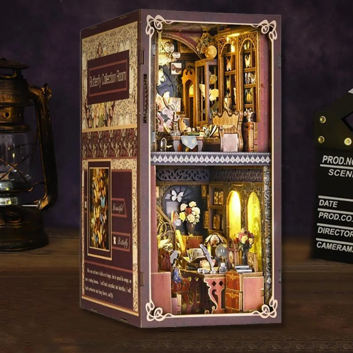 Miniature bookshelf insert with open doorway and ornate indoor scene, DIY kit