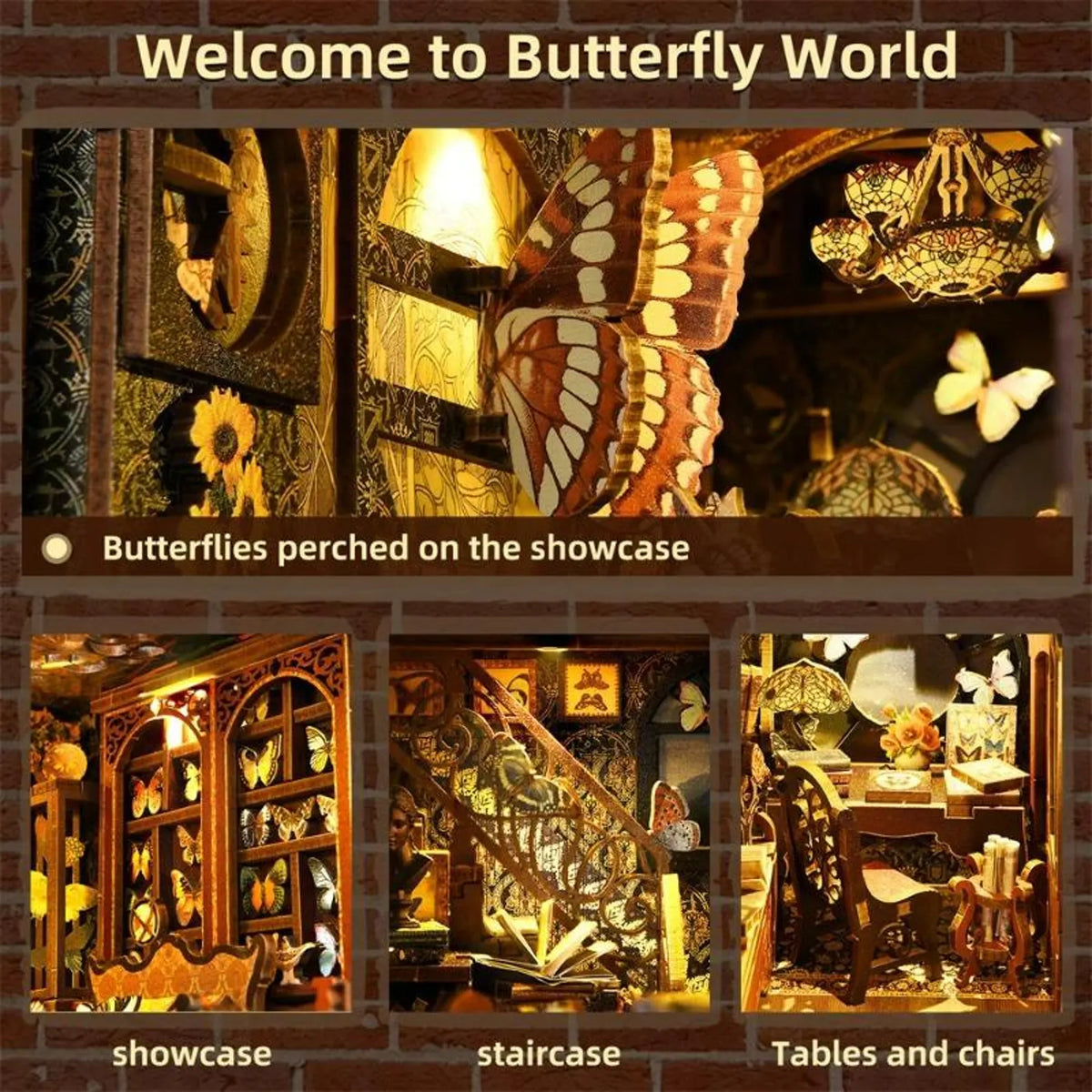 Butterfly-themed miniature room shelf insert with display, chairs, and stairs
