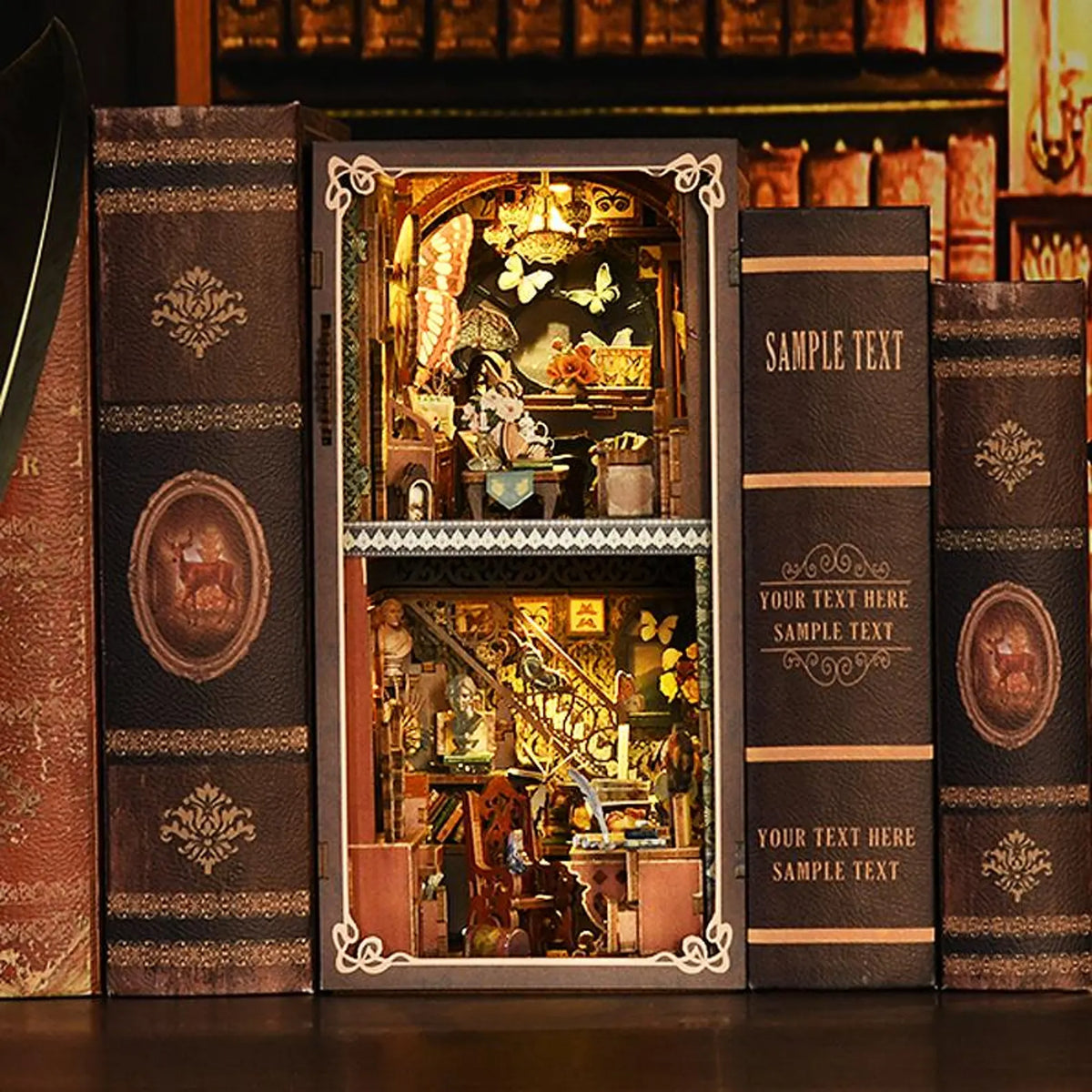 Miniature bookshelf insert kit with detailed butterfly-themed dollhouse interior