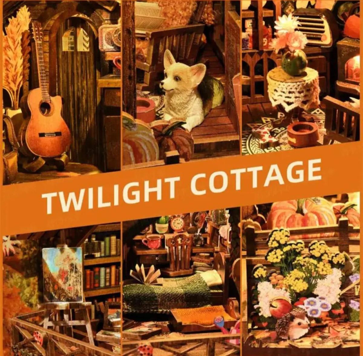 Miniature bookshelf insert kit with dollhouse cottage room scene, tiny books and furniture