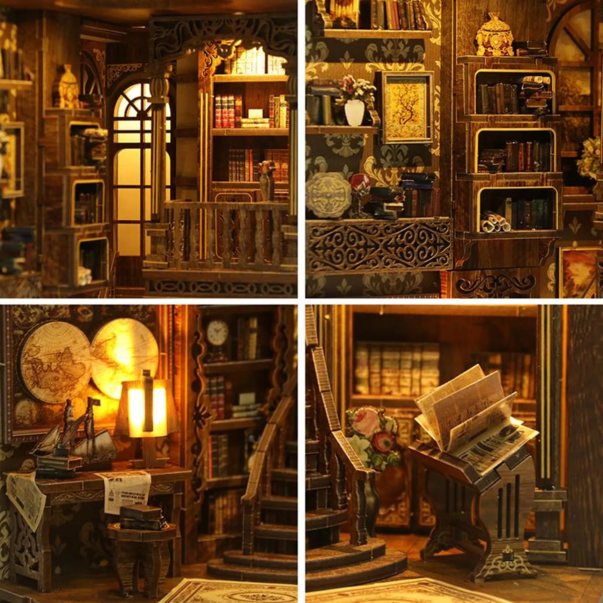 Miniature room book nook insert with multiple shelves and tiny books