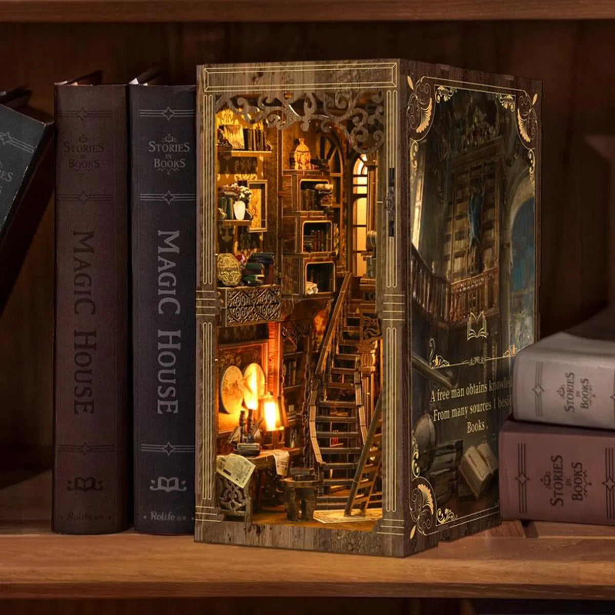 DIY miniature bookshelf insert kit, open display with decorative shelves and books