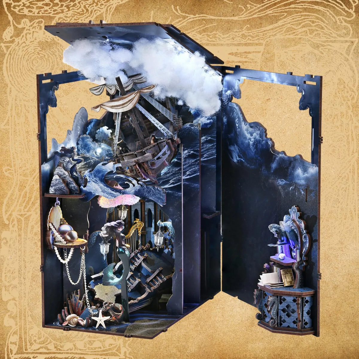 Coastal-themed miniature bookshelf insert with open arch, chains, and figurines.