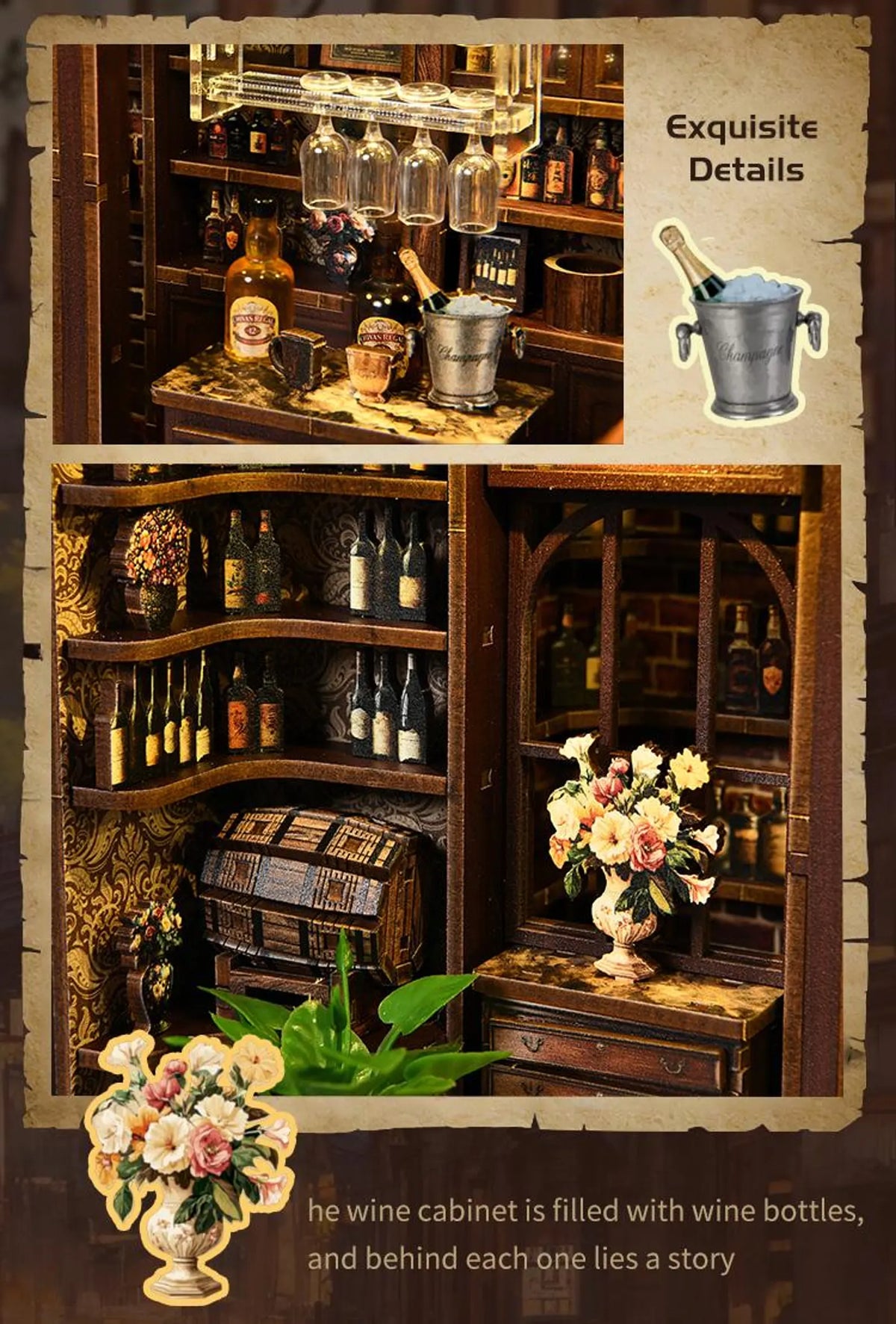 DIY miniature tavern bookshelf insert, open shelving with wine bottles and flower vase