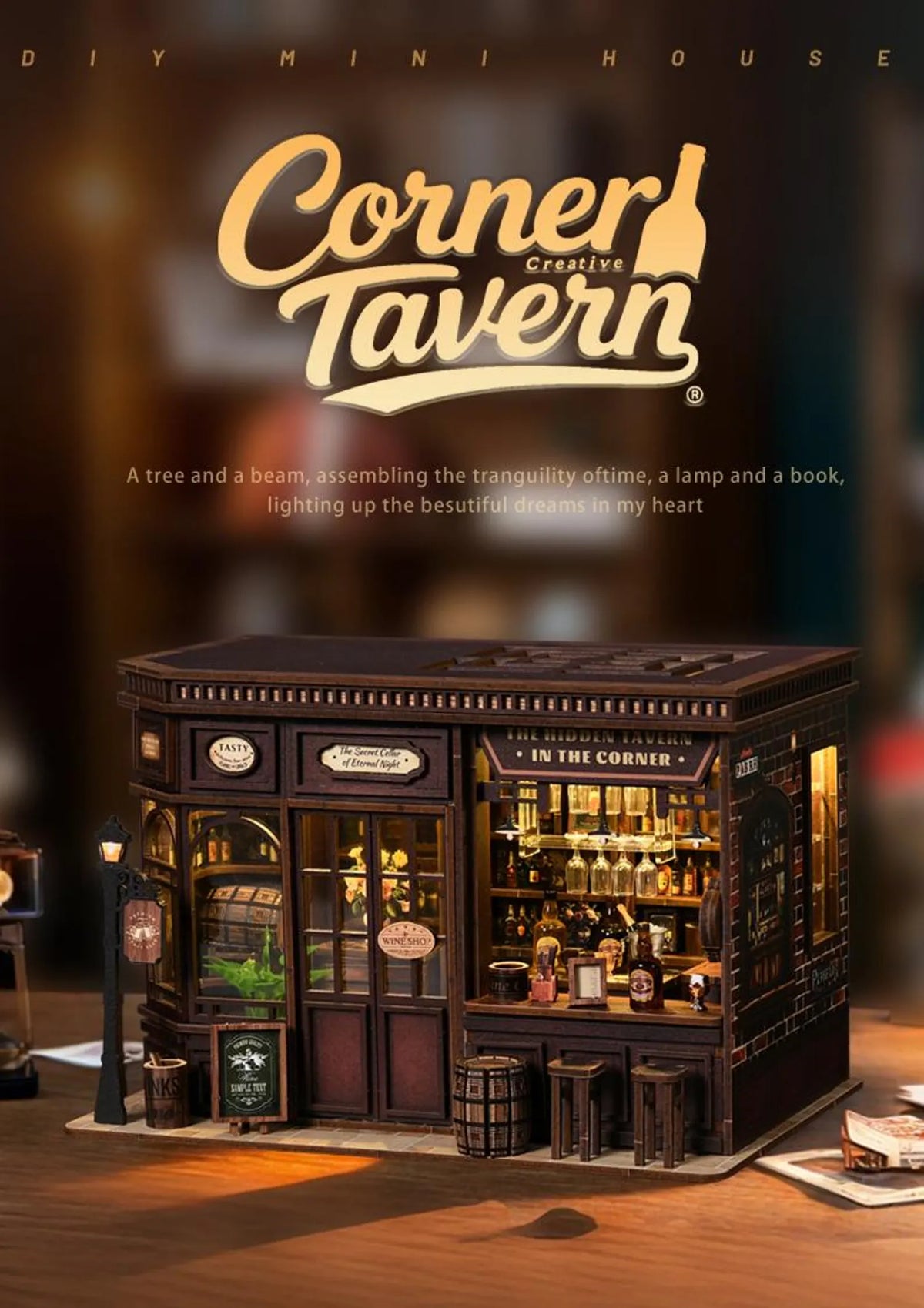 Miniature corner tavern booknook bookshelf insert kit, lit storefront with bottles and barrels
