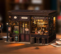 Miniature tavern storefront bookshelf insert kit, illuminated corner with shelves and small props