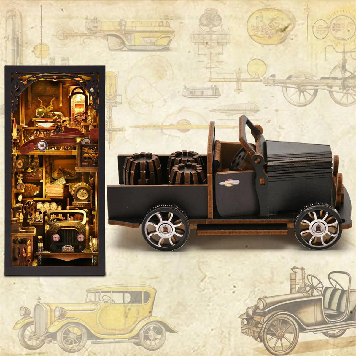 Miniature car book nook kit insert with open shadowbox and wooden vehicle model