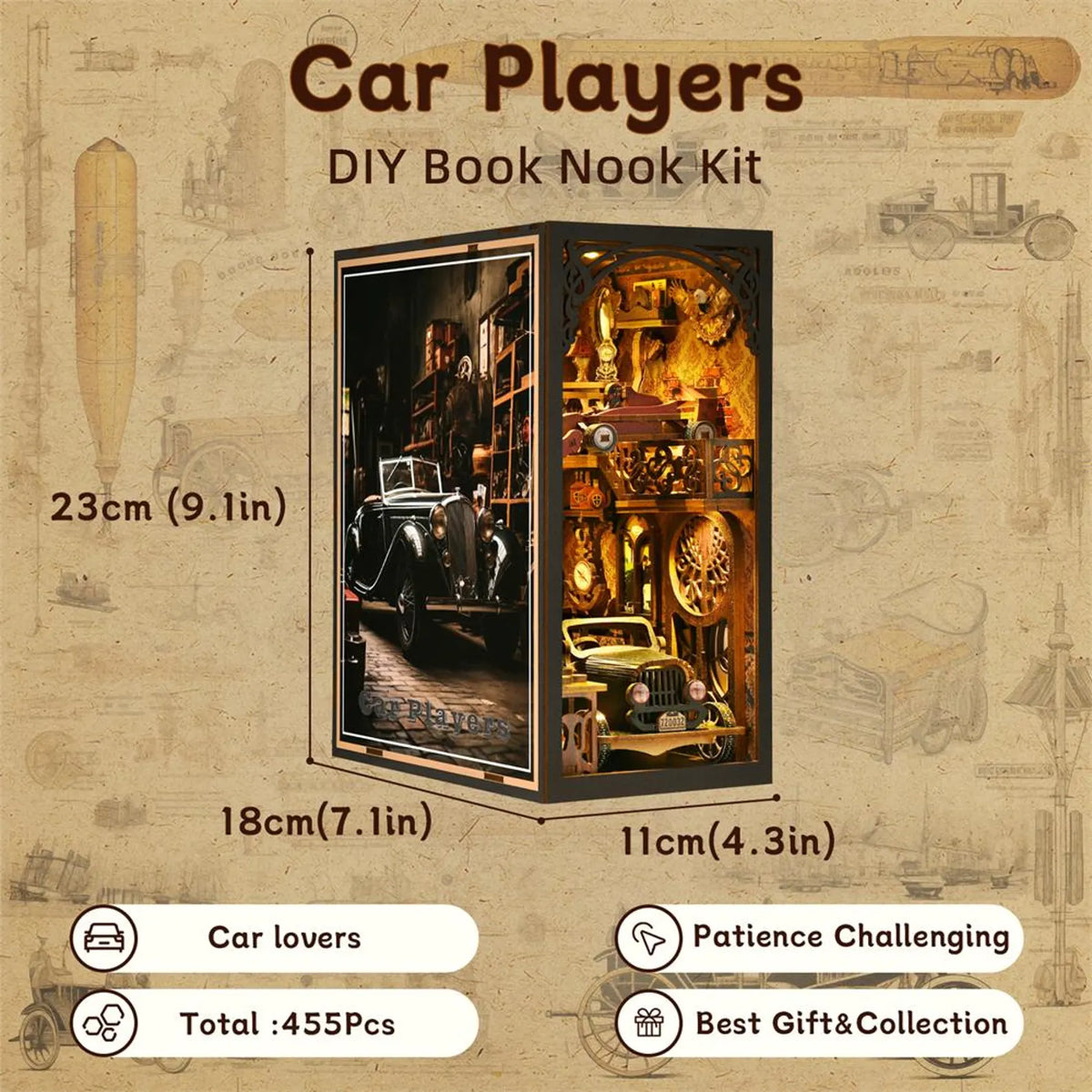 DIY book nook kit packaging with size measurements and 455-piece count