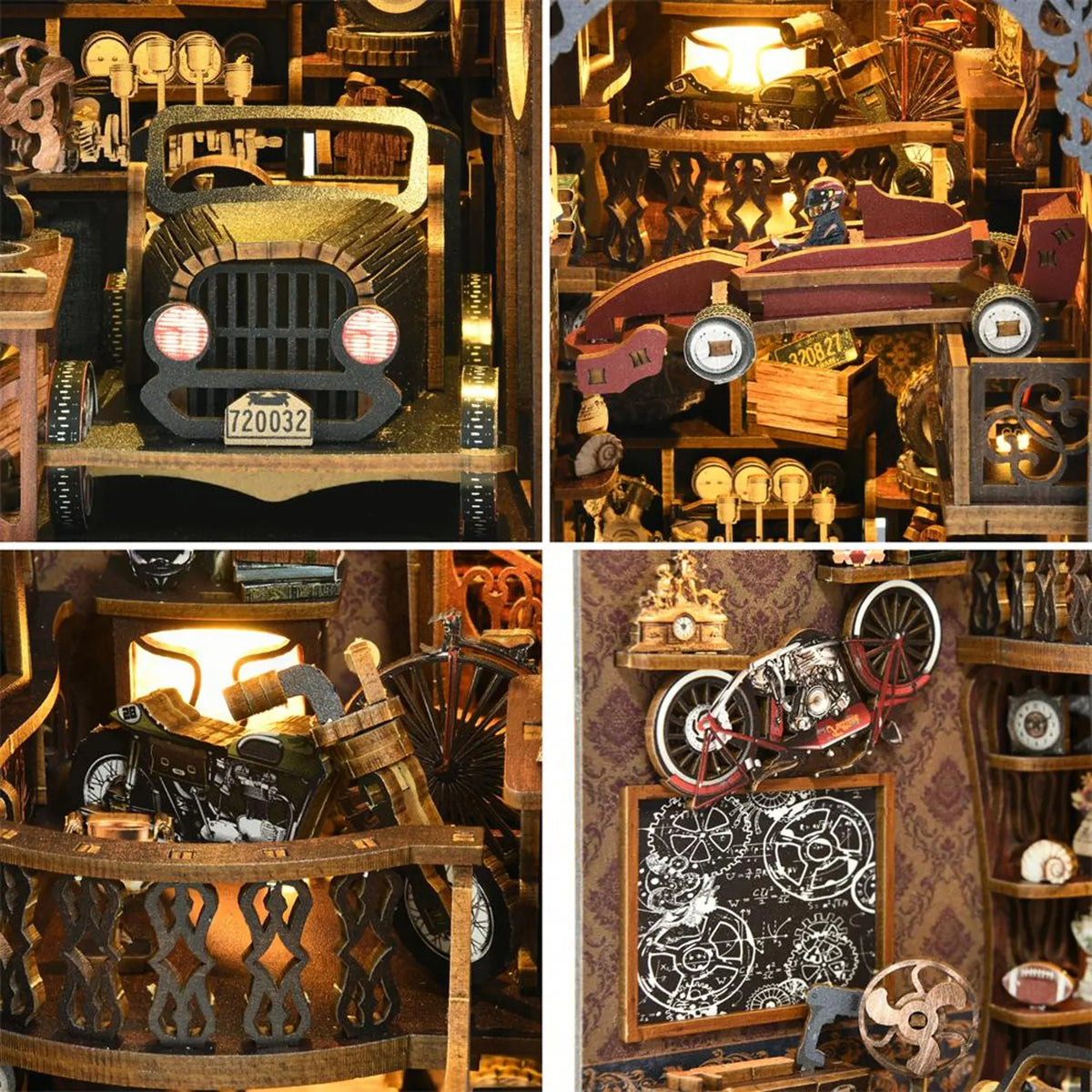 Miniature car workshop book nook scene with tiny vehicles and tools on shelves