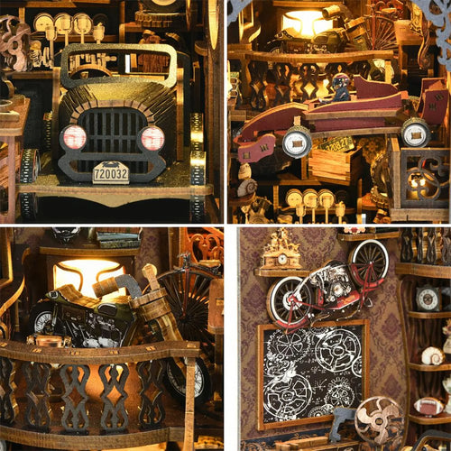 Miniature car workshop book nook scene with tiny vehicles and tools on shelves