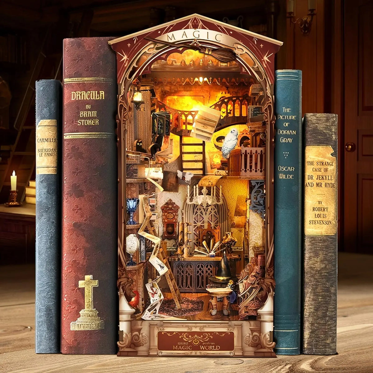 Miniature book nook insert with arched window, flanked by miniature books