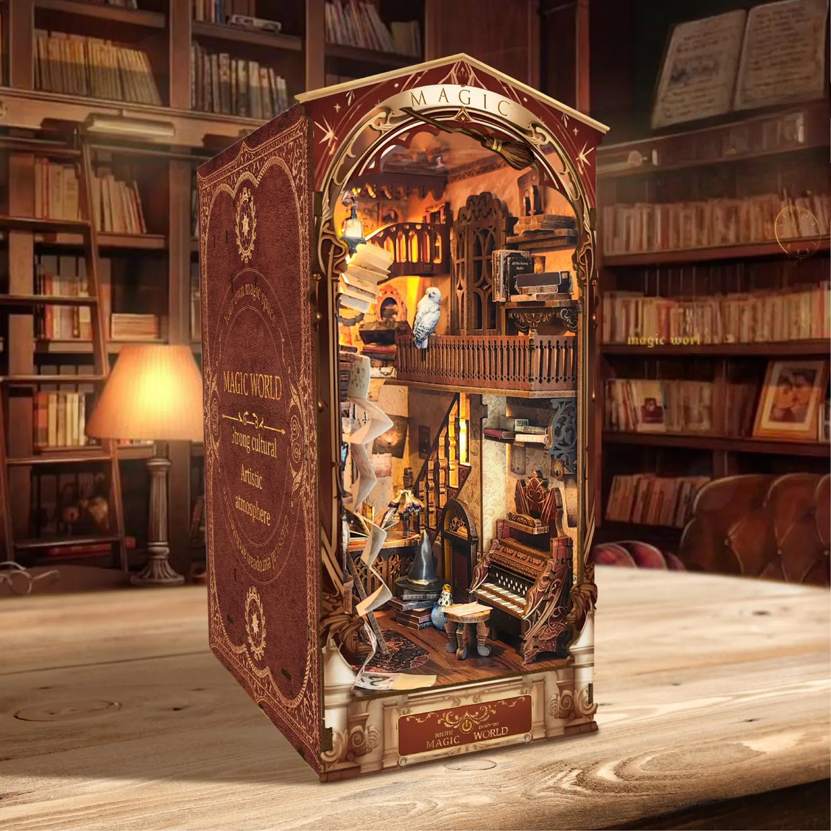 Ornate miniature book nook insert with arched interior scene, handcrafted style