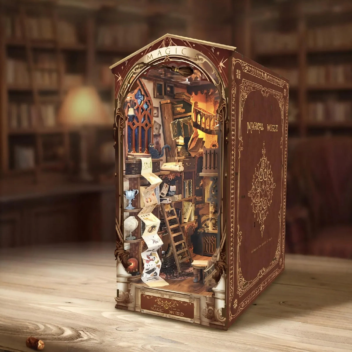 Miniature book nook insert with arched frame and tiny bookshelf details