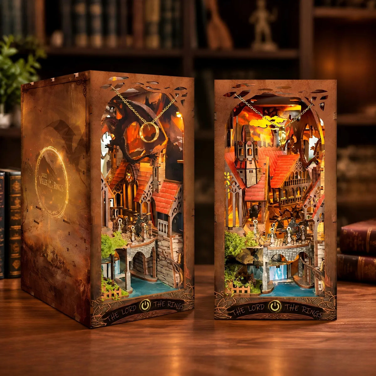Miniature book nook kit insert with open brown cover, fantasy town scene, doorways and towers