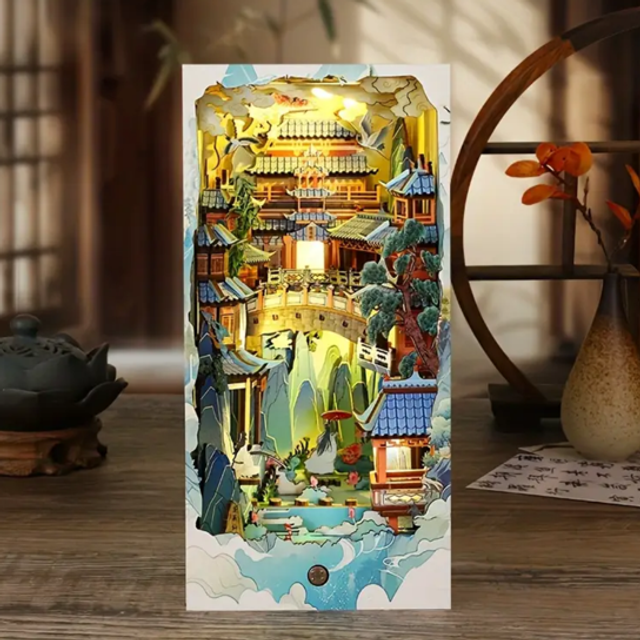 Miniature book nook kit insert with colorful illustrated landscape scene, vertical sheet