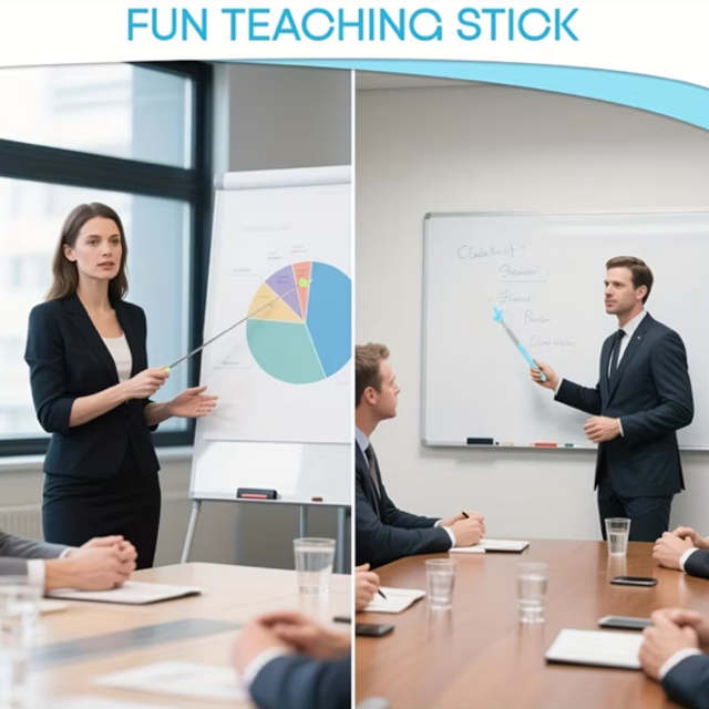 Extendable retractable teaching pointer stick with blue tip, held in hand