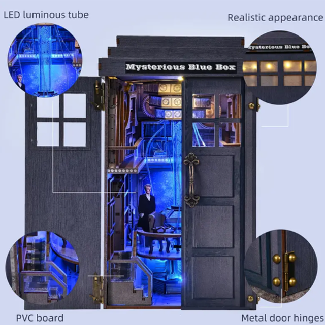 Miniature DIY book nook kit details: blue LED tube, PVC board, metal door hinges