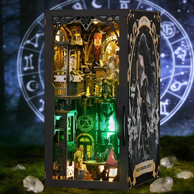 Tarot miniature bookshelf insert kit, gothic open box with candlelit shelf room
