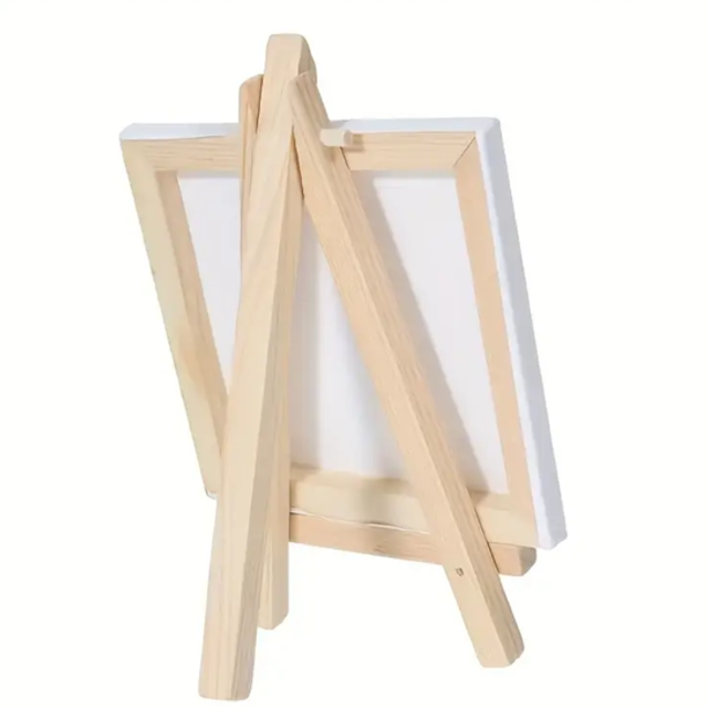 Mini wooden canvas easel with white canvas board on A-frame stand
