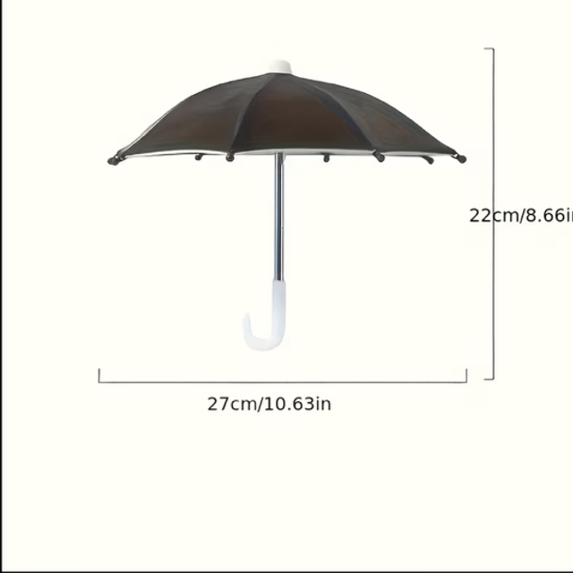 Black miniature umbrella with white curved handle, shown with size dimensions