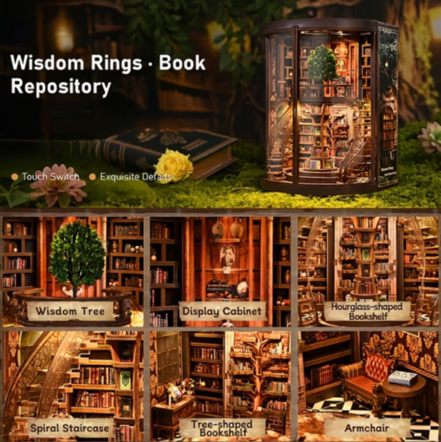Miniature book repository display with spiral staircase, cabinets, armchair, and shelves.