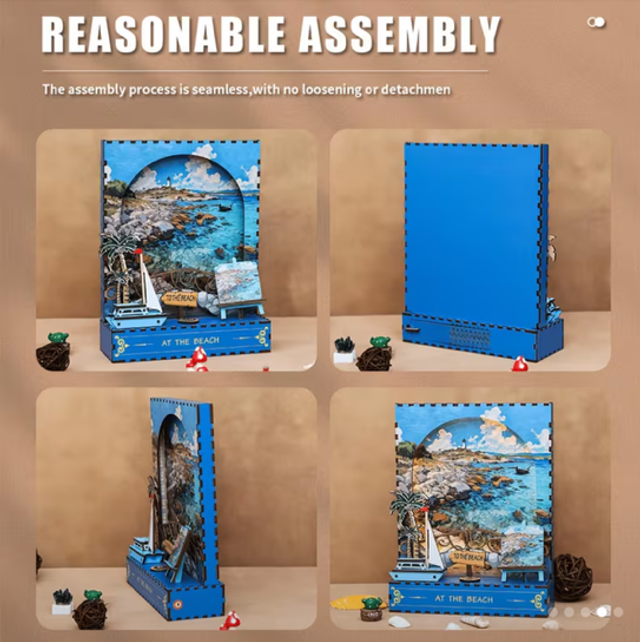 DIY beach mini scene kit showing assembly steps with frame and scenic panel pieces