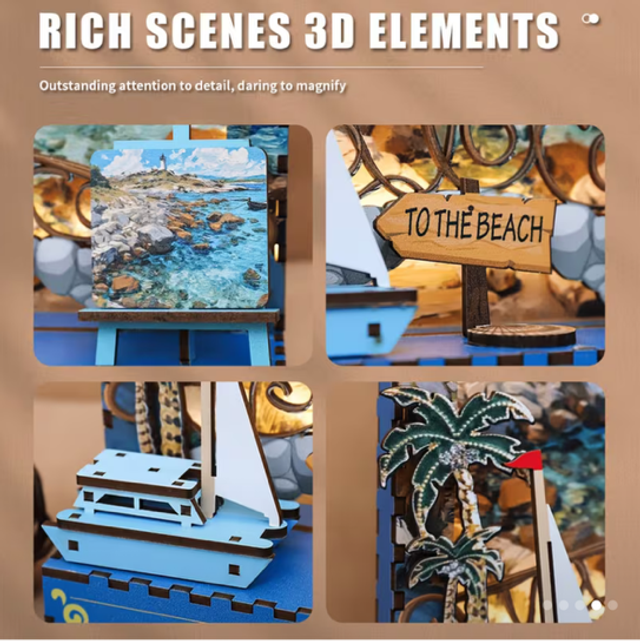 DIY mini 3D beach scene kit with ocean artwork and miniature sailboat elements